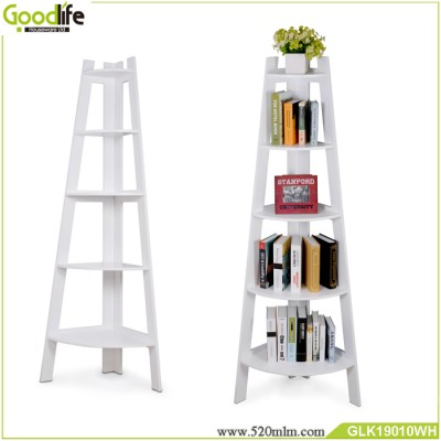 Corner bookshelf with narrow upper and wide lower