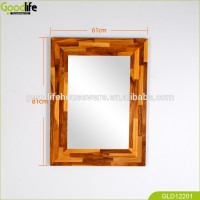 Finger joint teak wood wall mount bevel mirror